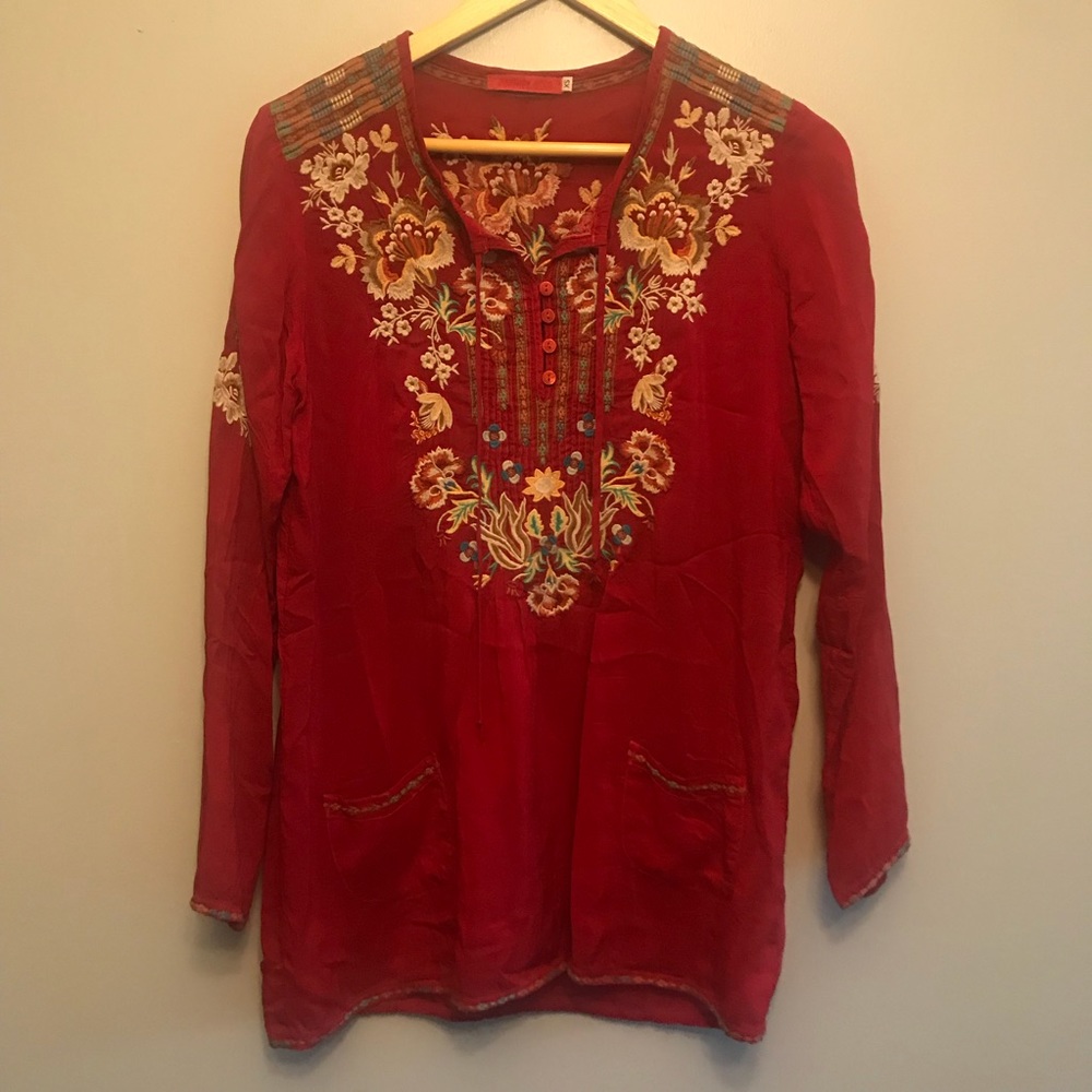 Johnny Was Red Embroidered Tunic Top